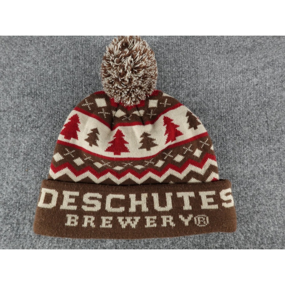 Deschutes Brewery Pom Beanie Hat Brown‎ Red Fair Isle Knit Pine Tree Mens Womens